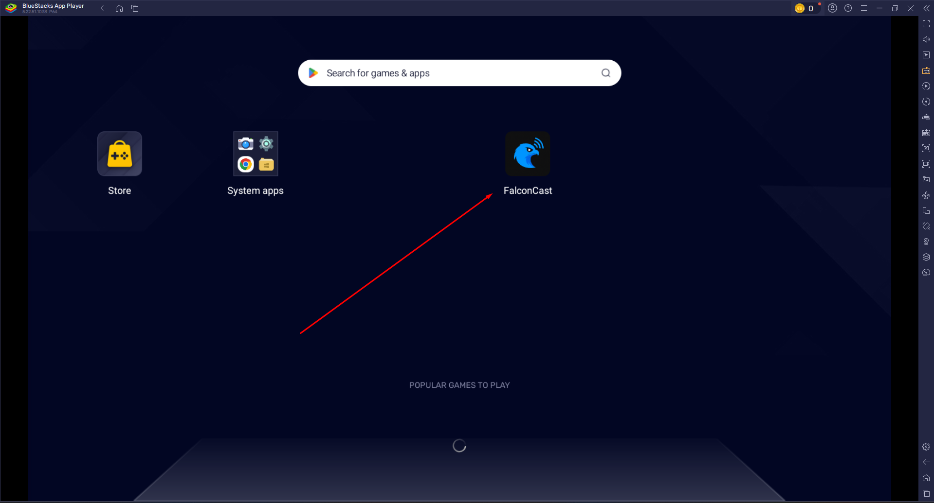 FalconCast running on BlueStacks